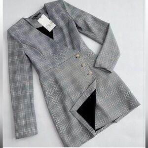 New ZARA Plaid Blazer Gray Suit Business Dress with Jewel Buttons XS